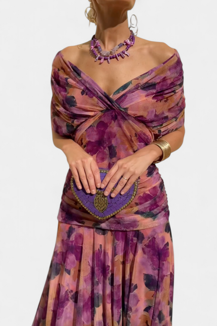 Rose | Long floral off shoulder chiffon dress