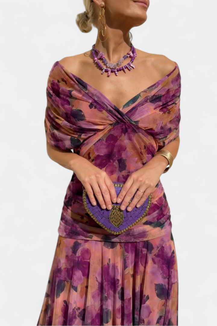 Rose | Long floral off shoulder chiffon dress